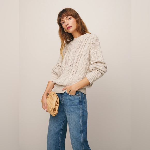 Reformation Sam Cotton Cashmere Oversized Gossamer Cable Knit Crew Sweater Cream - Picture 1 of 12